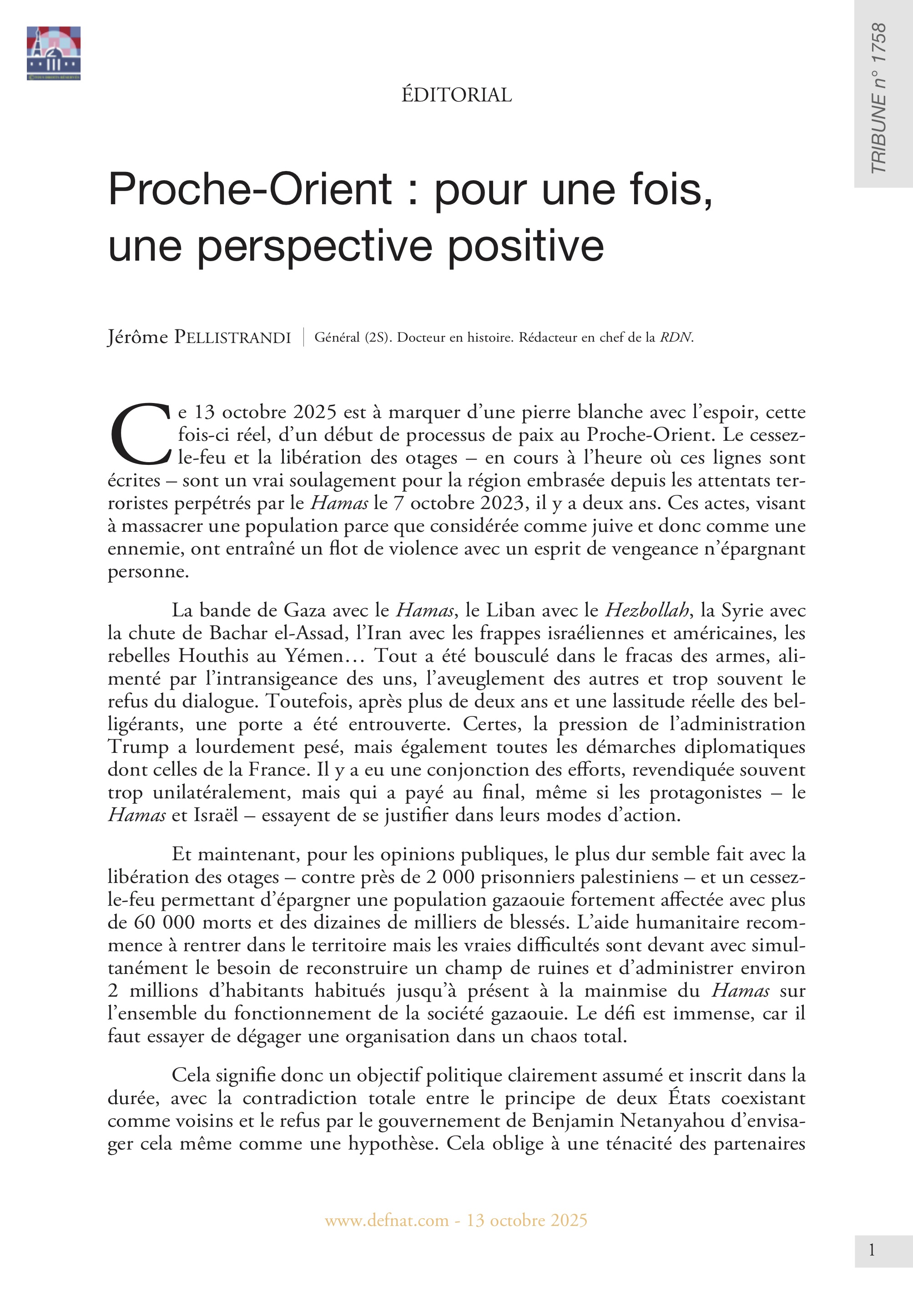 Proche-Orient : pour une fois, une perspective positive (T 1758)
